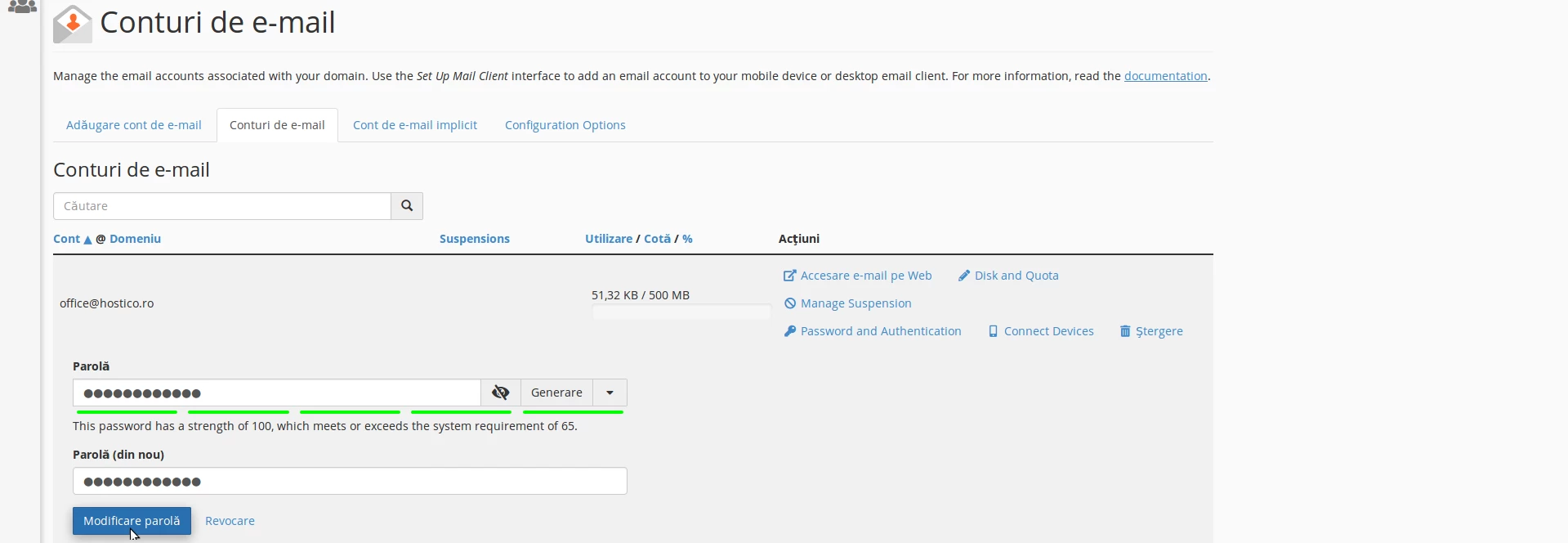 Configurare parola cont de e-mail cPanel