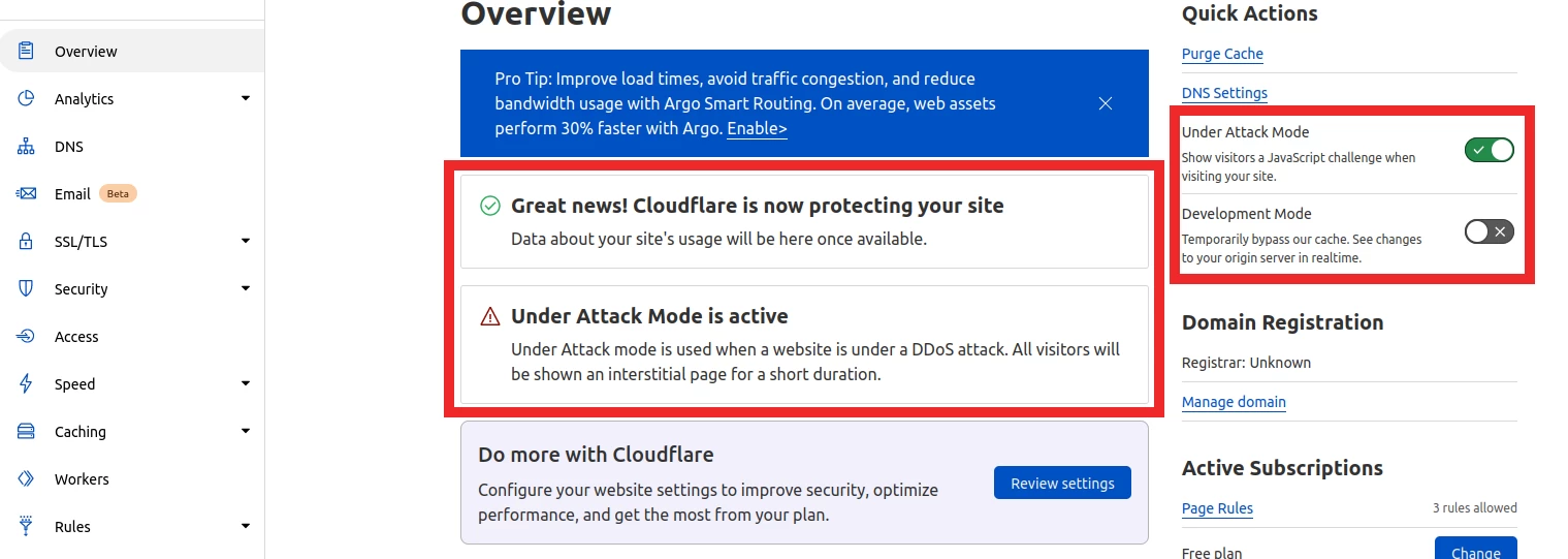 Benachrichtigung über aktiven Under Attack-Modus
